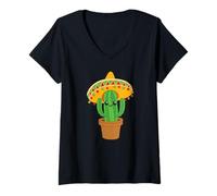 Donna Messicano Cactus Kawai Cartoon Sombrero Cinco de Mayo Maglietta con Collo a V