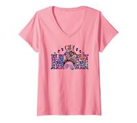 Donna Messy Bun Graphic Purple Leopard Graphic for Pink Girl Mom Maglietta con Collo a V