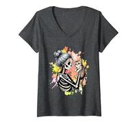 Donna Messy Bun Skeleton Cute Kitten Cat Lovers Halloween Vintage Maglietta con Collo a V, Grigio Scuro, L