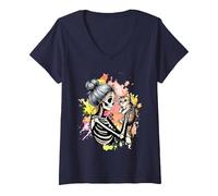Donna Messy Bun Skeleton Cute Kitten Cat Lovers Halloween Vintage Maglietta con Collo a V, Navy, S