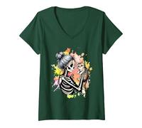 Donna Messy Bun Skeleton Cute Kitten Cat Lovers Halloween Vintage Maglietta con Collo a V, Verde Foresta, L