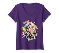 Donna Messy Bun Skeleton Cute Kitten Cat Lovers Halloween Vintage Maglietta con Collo a V, Viola, L