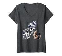 Donna Messy Bun Skeleton Hand Boop Pet Kitten Cat Lovers Halloween Maglietta con Collo a V, Grigio Scuro, L