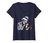 Donna Messy Bun Skeleton Hand Boop Pet Kitten Cat Lovers Halloween Maglietta con Collo a V, Navy, M