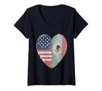 Donna Metà americana metà messicana USA Messico bandiera cuore impronte digitali Maglietta con Collo a V