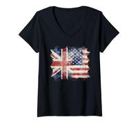 Donna metà Bandiera Britannica e Americana Regno Unito America Roots Union Jack Maglietta con Collo a V