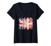 Donna metà Bandiera Britannica e Danese Regno Unito Danimarca Roots Union Jack Maglietta con Collo a V