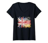 Donna metà Bandiera Britannica e Tedesca Regno Unito Germania Roots Union Jack Maglietta con Collo a V