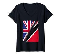 Donna Metà bandiera britannica Trinidad Trinidad Inghilterra Heritage Maglietta con Collo a V