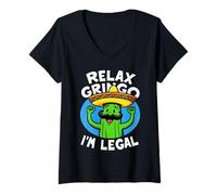 Donna Mexican Cactus Funny Cinco de Mayo Relax Gringo I'm Legal Maglietta con Collo a V