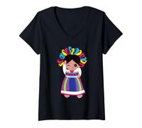 Donna Mexican Doll-Lele Original Muneca Tradicional Mexicana Maglietta con Collo a V