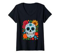 Donna Mexican Folk Art Sugar Skull con Rose e Girasoli Maglietta con Collo a V