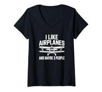 Donna Mi piacciono Gli aeroplani e Forse 3 Persone - Funny Pilot Maglietta con Collo a V