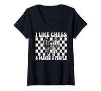 Donna Mi piacciono Gli Scacchi & Forse 3 Persone Giocatore di Scacchi Maestro Chess Girl Maglietta con Collo a V