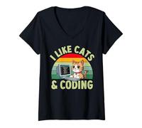 Donna Mi piacciono i Gatti e la codifica Carino Programmazione Amante dei Gattini Maglietta con Collo a V