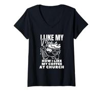 Donna Mi piacciono i miei uomini Come mi piace il mio caffè in chiesa - gioia cristiana Maglietta con Collo a V