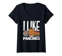 Donna Mi piacciono i pancake impilano divertenti vibrazioni per la colazione Maglietta con Collo a V