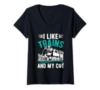 Donna Mi piacciono i Treni e Il Mio Gatto Maglietta con Collo a V