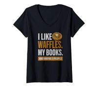 Donna Mi piacciono i Waffle I Miei Libri e Forse 3 Persone Maglietta con Collo a V