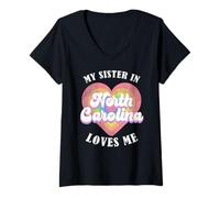 Donna Mia Sorella in North Carolina Mi AMA Heart Retro Groovy USA Maglietta con Collo a V