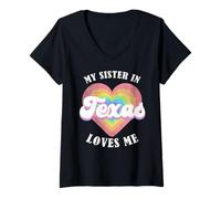 Donna Mia Sorella in Texas Mi AMA Heart Retro Groovy USA Maglietta con Collo a V