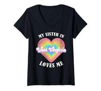 Donna Mia Sorella in West Virginia Mi AMA Heart Retro Groovy USA Maglietta con Collo a V