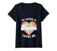 Donna Mia Sorella nel Maine Mi AMA Heart Retro Groovy USA Maglietta con Collo a V