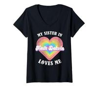 Donna Mia Sorella nel North Dakota Mi AMA Heart Retro Groovy USA Maglietta con Collo a V