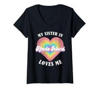 Donna Mia Sorella nel Rhode Island Mi AMA Heart Retro Groovy USA Maglietta con Collo a V