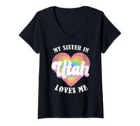 Donna Mia Sorella nello Utah Mi AMA Heart Retro Groovy USA Maglietta con Collo a V