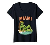 Donna Miami Alien Girl Bikini Modello Divertente Spiaggia Vacanza Maglietta con Collo a V