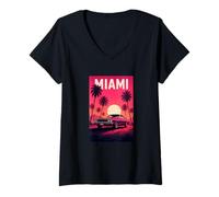 Donna Miami Beach, I Love Miami, Miami Classic Car Graphic Design Maglietta con Collo a V