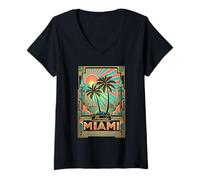 Donna Miami Florida Art Deco Palma Tramonto Tropicale Maglietta con Collo a V