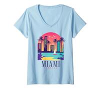 Donna Miami Florida Vintage Retro Skyline Palme Souvenir Regalo Maglietta con Collo a V