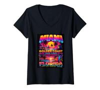Donna Miami Golden Coast Retro Beach Sunset Florida Graphic Maglietta con Collo a V