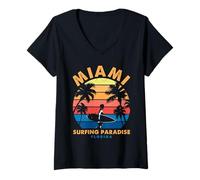 Donna Miami Surfing Paradise Florida Vintage Surfer Tramonto Maglietta con Collo a V
