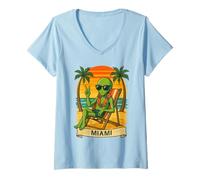 Donna Miami Vacation Alien Funny Summer Travel Beach Maglietta con Collo a V