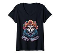 Donna Miao Amigos, Halloween Sugar Skull Cat Art Maglietta con Collo a V