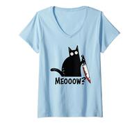 Donna Miao Gatto con Coltello Divertente Gatto Nero Horror Dark Humor Maglietta con Collo a V
