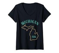 Donna Michigan 586 Codice Area Grafico Stato Profilo Regionale Design Maglietta con Collo a V