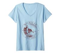 Donna Michigan Retro State 1837 Lighthouse Lake Shore Maglietta con Collo a V
