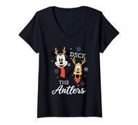 Donna Mickey Mouse and Pluto Deck The Antlers Natale Maglietta con Collo a V