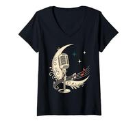 Donna Microfono Musica con Luna per Cantanti E Musicisti Maglietta con Collo a V