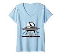 Donna Midcentury Mid Century Cat Retro Atomic Age Space Capsule Maglietta con Collo a V