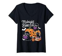 Donna Midnight Book Club Ghosts Pumpkins Bats Cat Maglietta con Collo a V