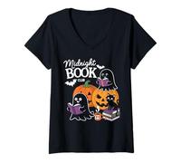 Donna Midnight Book Club Ghosts Pumpkins Bats Cat Maglietta con Collo a V