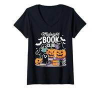 Donna Midnight Book Club Ghosts Pumpkins Bats Cat Maglietta con Collo a V