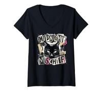Donna Midnight Mischief Black Cat, Design Grunge Punk Maglietta con Collo a V