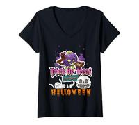 Donna Miglior Trucco o Scherzetto con Halloween Zucca Sorridente Mostro Maglietta con Collo a V
