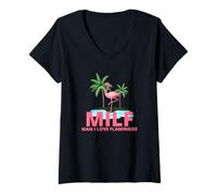 Donna Milf Uomo Amo Fenicotteri Divertente Flamingo Spiaggia Mamma Maglietta con Collo a V